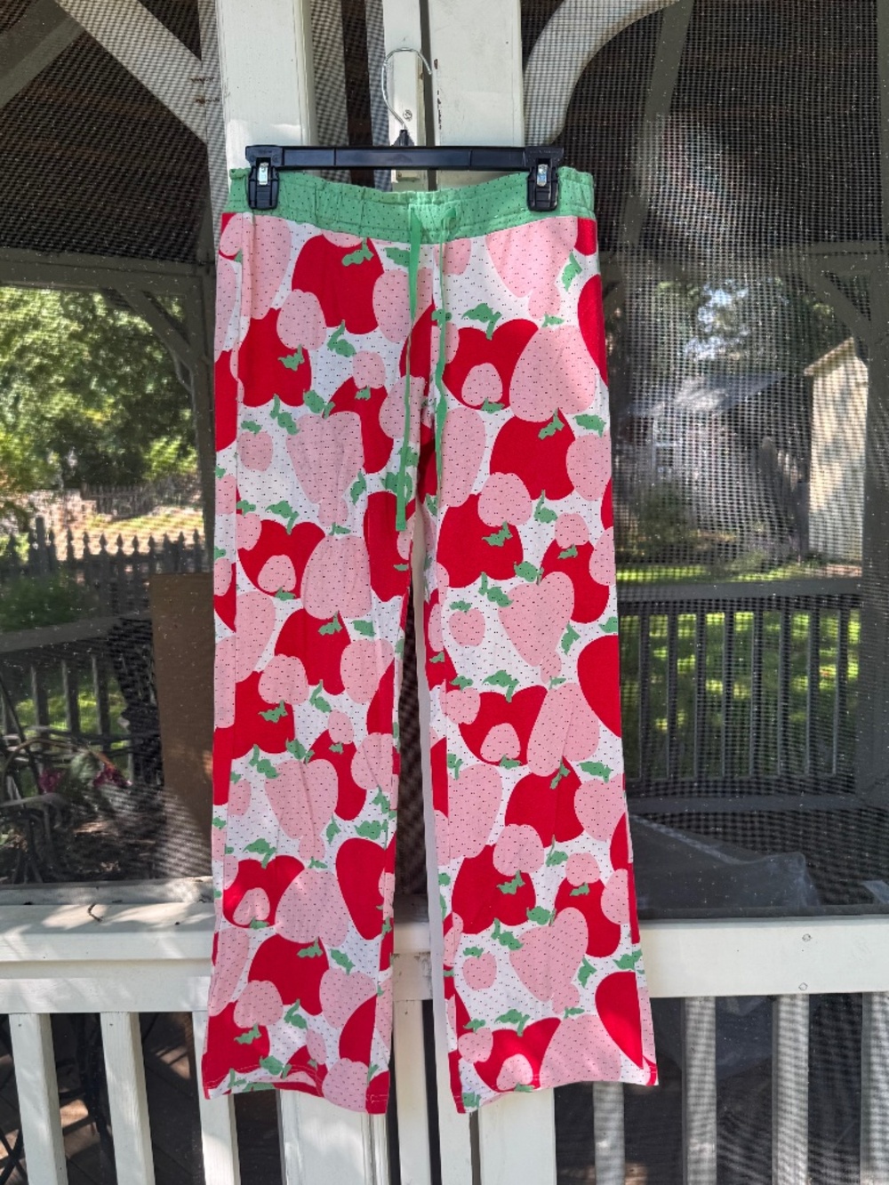 Fruit Print Pajama Pants - Red Apple & Strawberry Lounge Pants with Green Waistb